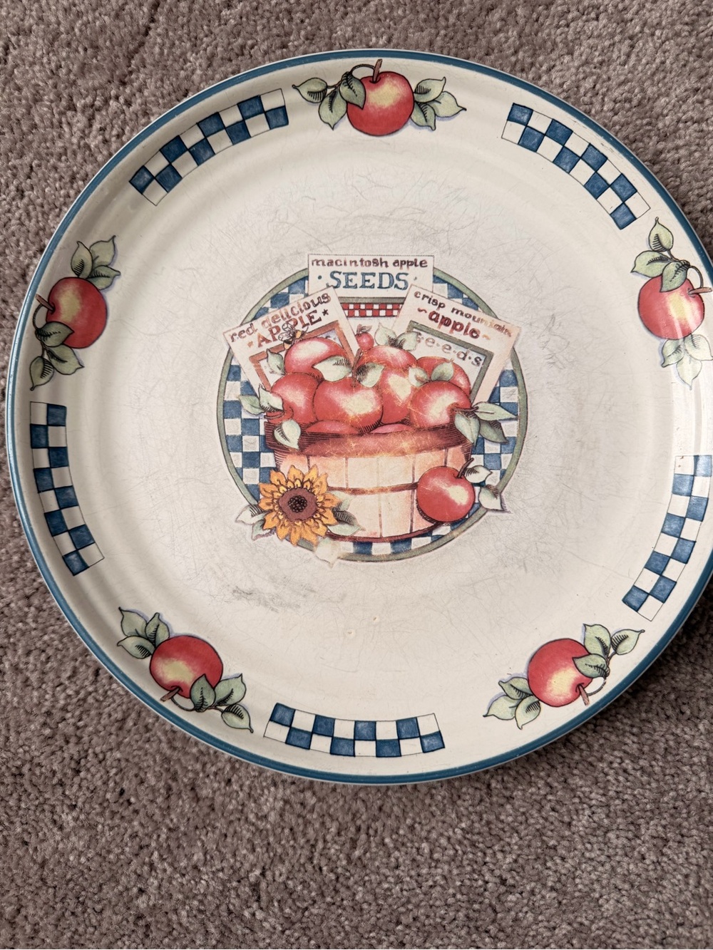 Apple Basket Ceramic Dinner Plate with Blue Check Rim